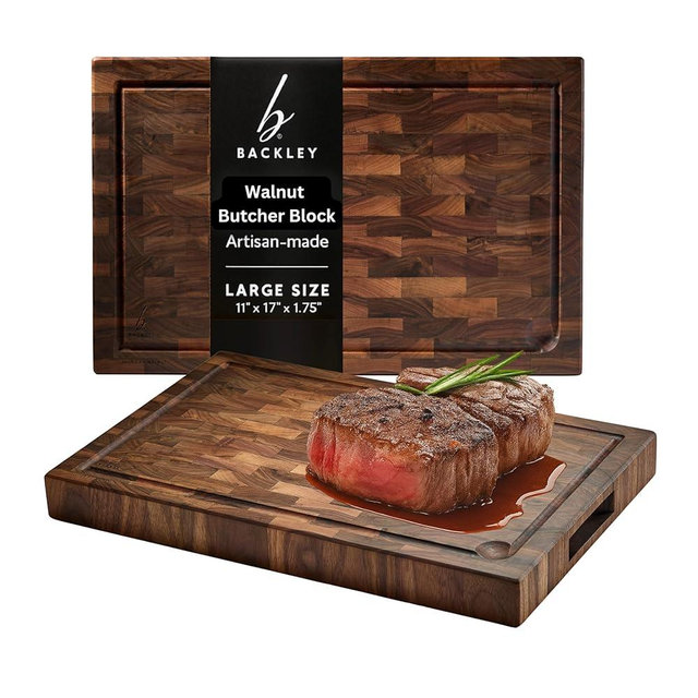 Cutting Board for Kitchen – Wood Cutting Board, Non-Toxic Butcher Block, Walnut Cutting Boards with Juice Groove & Handles, Charcuterie Board – Walnut (End) - 11" x 17" x 1.75"