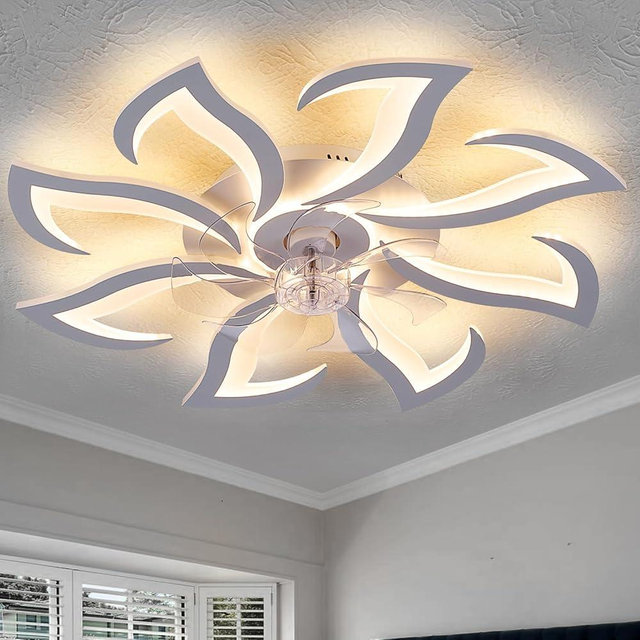 Ruibutrade White Flower Modern Ceiling Fans with Lights, Low Profile Ceiling Fan with Remote for Bedroom, 32inch Flush Mount Ceiling Fan with LED Dimmable Light,6-Speeds, Timing CeilingFan Light-8L