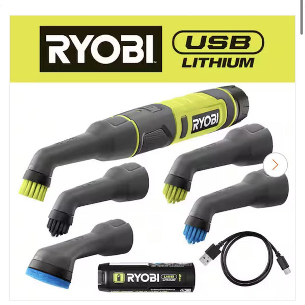 RYOBI USB Lithium Cordless Compact Detail Scrubber Kit w/ 2Ah Battery, Charging Cable & (3) Head Attachments-Med, Hard & Scour FVG52K