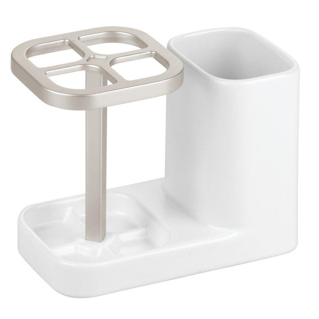 iDesign Sedona Ceramic Toothbrush and Toothpaste Holder for Bathroom Vanity Countertop or Medicine Cabinet - Satin White/Nickel