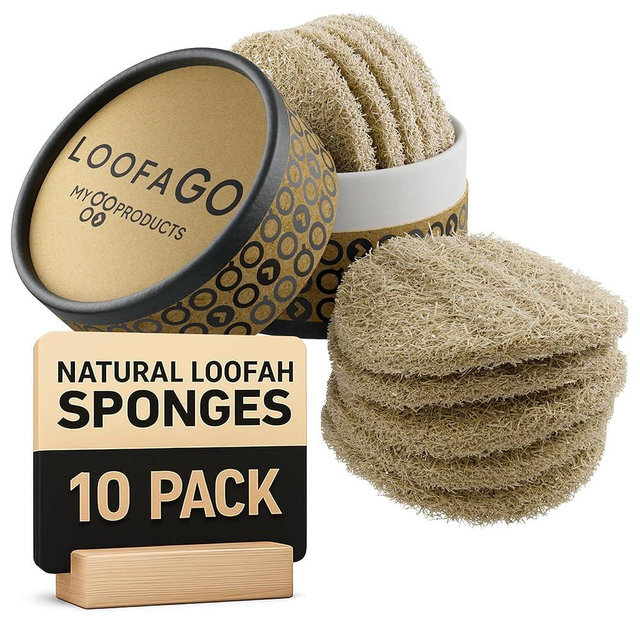 LoofaGO (10-Pack) Natural Loofah Sponges - 100% Biodegradable, Compostable & Plastic-Free, Non-Scratch Scrubbers for Kitchen, Dishes & Bath (Zero-Waste)