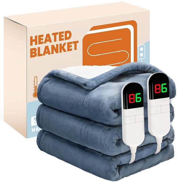 PTQ Electric Heated Blanket, Flannel & Sherpa Fast Heating Soft Fleece Heated Queen Blanket 84"x90" with 6 Heating Levels & 10H Auto Off - Blue