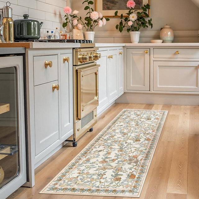 jinchan Floral Washable Runner Rug 2x6 Vintage Summer Hallway Rug Non-Slip Lightweight Soft Thin Kitchen Low Pile Distressed Orange Blue Carpet for Bathroom Laundry Room Bedroom Entryway