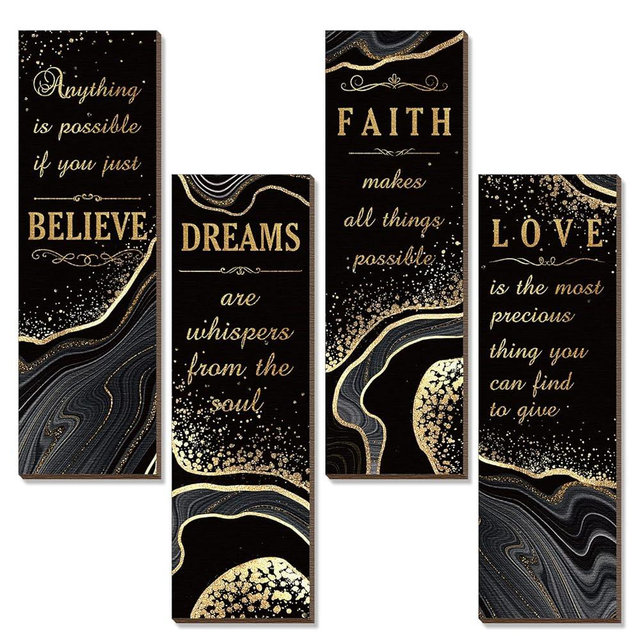Chitidr 4 Pcs Bathroom Wall Decor Inspirational Quote Wooden Sign Love Faith Believe Dream Wall Decor Gold Art Signs for Living Room Bathroom, 11.4 x 3.5 Inch(11.4 x 3.5 Inch,Black and Gold)