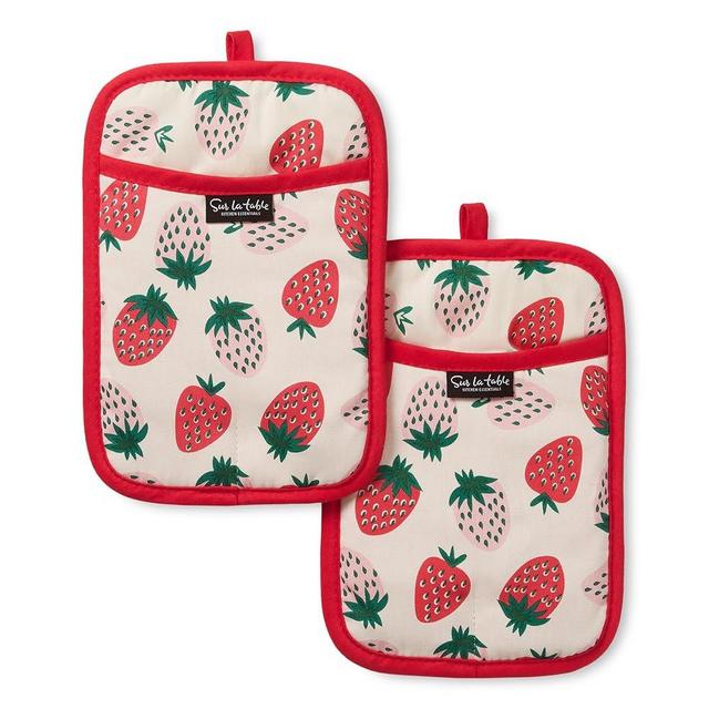 SUR LA TABLE Kitchen Essentials Quirky Strawberries Fruit Potholder 2-Pack Set, Heat Resistant, 100% Cotton, Flexible Non-Slip Silicone Grip, Pink/Green/Cream, 7"x10"