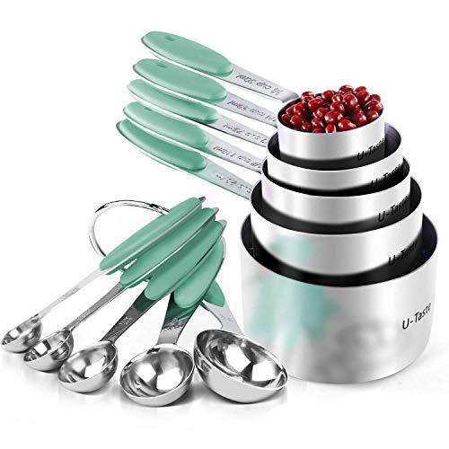 Measuring Cups : U-Taste 18/8 Stainless Steel Measuring Cups and Spoons Set of 10 Piece, Upgraded Thickness Handle(Aqua Sky)
