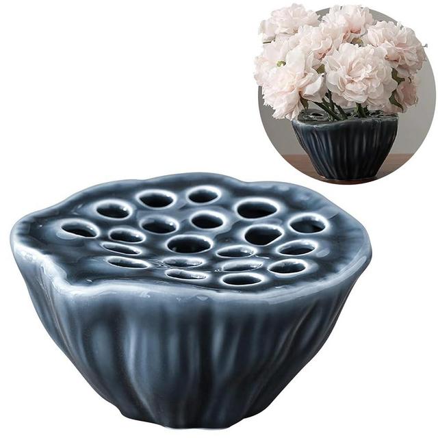 Lotus Pod Flower Arrangement Vase, Ceramic Flower Frog Pot, Ikebana Stem Holder, Decorative Flower Frog Container, Floral Arrangement Bowl for Tea Table, Ceramic Flower Vase Kenzan (Dark Blue)
