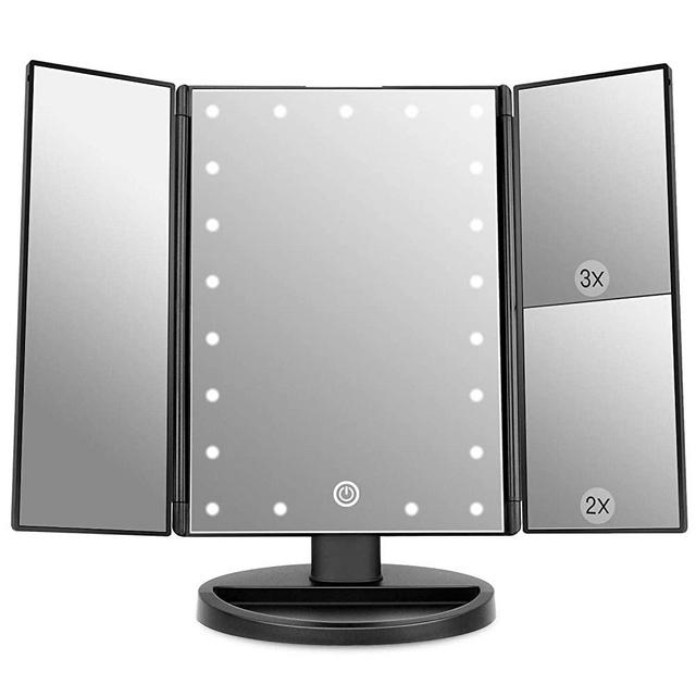 WEILY Lighted Makeup Mirror with 21 LED Lights, Trifold Vanity Mirror with 3X/2X/1X Magnification, Touch Screen, Dual Power Supply, 180 Degree Rotation Portable Mirrors for Travel (Black)