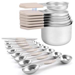 Magnetic Measuring Cups and Spoons Set-Heavy Duty 304 Stainless Steel，Double Measurement Markings，Set of 16 with Leveler for Measure Dry and Liquid Ingredients (khaki)