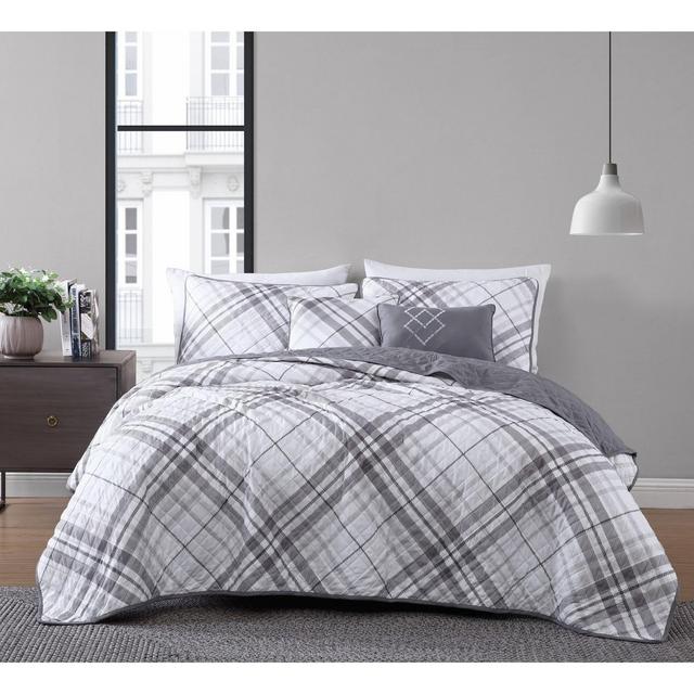 Queen 5pc Khalvin Plaid Quilt Set Gray - Geneva Home Fashion