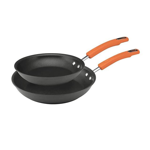 Rachael Ray Brights Hard Anodized Nonstick Frying Pan Set / Fry Pan Set / Hard Anodized Skillet Set - 9.25 Inch and 11.5 Inch, Gray with Orange Handles
