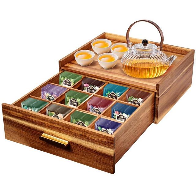NANXITU Acacia Wood Tea Holder Organizer,Tea Box Organizer Storage Box,Tea Caddy for Tea Bags Organizer Drawer,with12 Compartments Multi-Functional Tea Station Chest for Countertop
