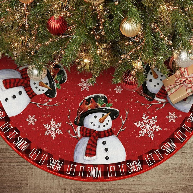 AVOIN colorlife Let It Snow Snowman Christmas Tree Skirt, Xmas Winter Holiday Party Tree Mat Indoor Outdoor Decoration 36 Inch