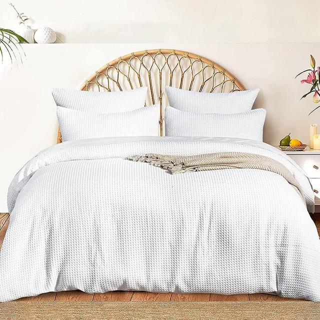 PHF Waffle Weave Duvet Cover Set California King Size, 3PCS Washed Microfiber Boho Comforter Cover Set, Ultra Soft Comfy Duvet Cover with Pillow Shams Bedding Collection, 104"x98", White