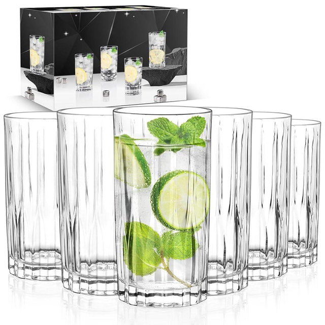 Cambareign 10oz Highball Glasses, 6pc Tall Glass Sets, Lead-free Crystal Water Glassware for Whiskey, Cocktail