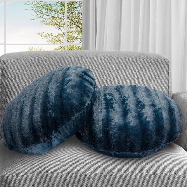Cheer Collection Faux Fur Pillows - Decorative Round Throw Pillows for Couch & Bed - Machine Washable - 18" - Blue (Set of 2)