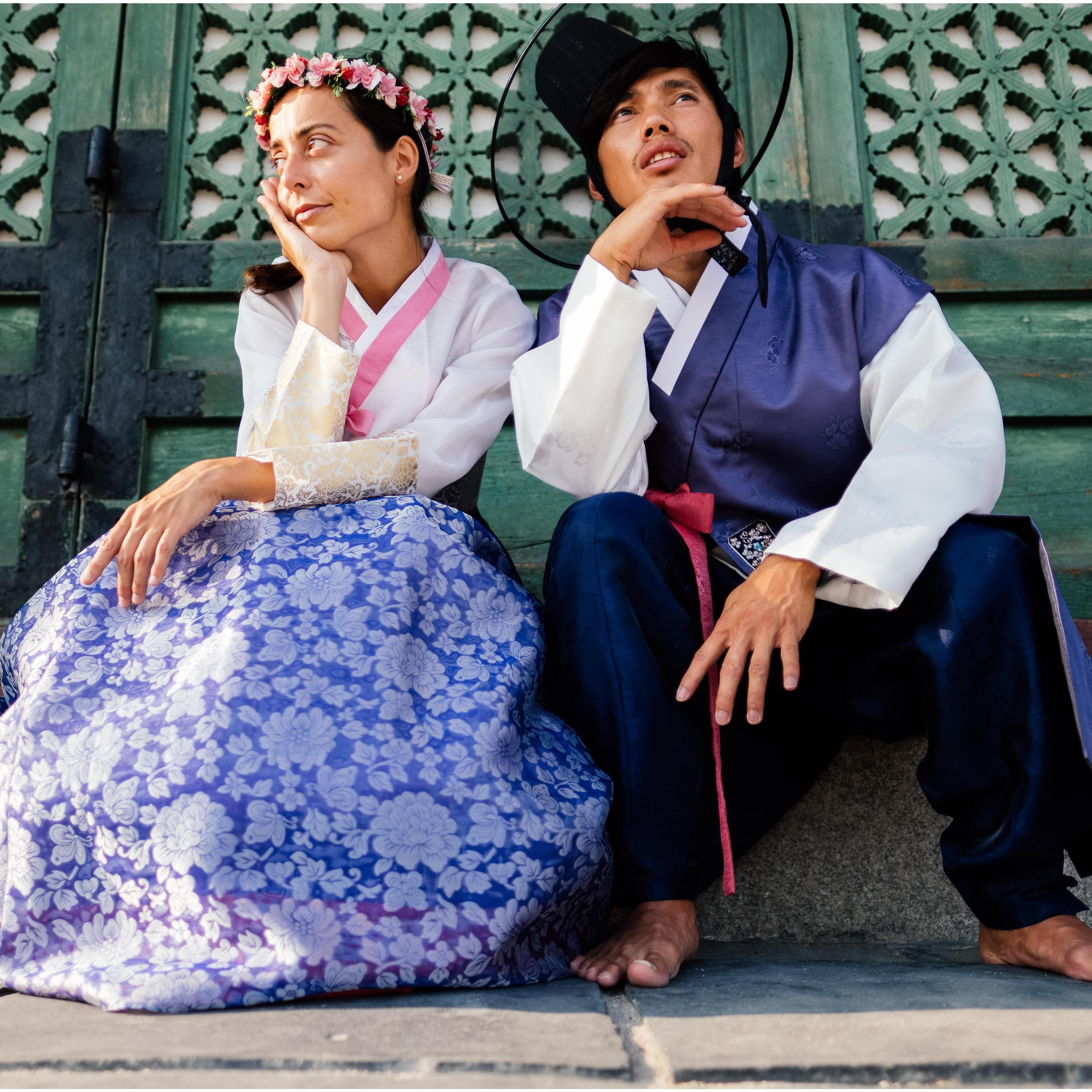 K-Popped! Posing Hanbok style in Seoul, Korea. And soon enough, we'll be wearing another type of traditional dress down an aisle!