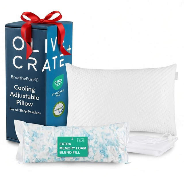 Olive + Crate BreathePure® Adjustable Loft Shredded Memory Foam Pillow - Queen Size - Cooling Pillow, Hypoallergenic Bed Pillows, CertiPUR-US Certified Foam, Ideal for Back, Stomach and Side Sleeper