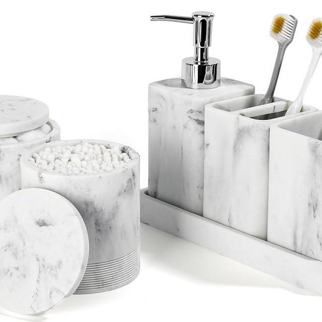 YMXYJM Bathroom Accessories Set, 6 Piece Bathroom Set with Toothbrush Holders, Soap Dispenser, Vanity Tray, Tumbler, Cotton Swab Jars, Bathroom Organizer，Bathroom Sink Sets, Artificial Marble White
