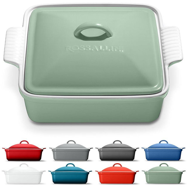 ROSSALLINI Stoneware Casserole Dish Bakeware with Lid | Covered Square Dinnerware | Large 2.5 Quart, [Sage Green]