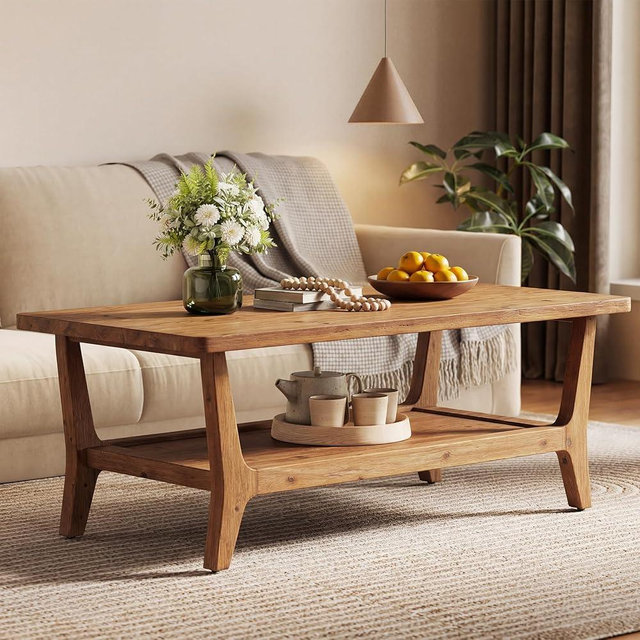 LITTLE TREE Solid Wood Coffee Table, 47-Inch Living Room Center Table with Shelf, 2-Tier, Smooth Corners, Child-Friendly, Easy Assembly, Brown