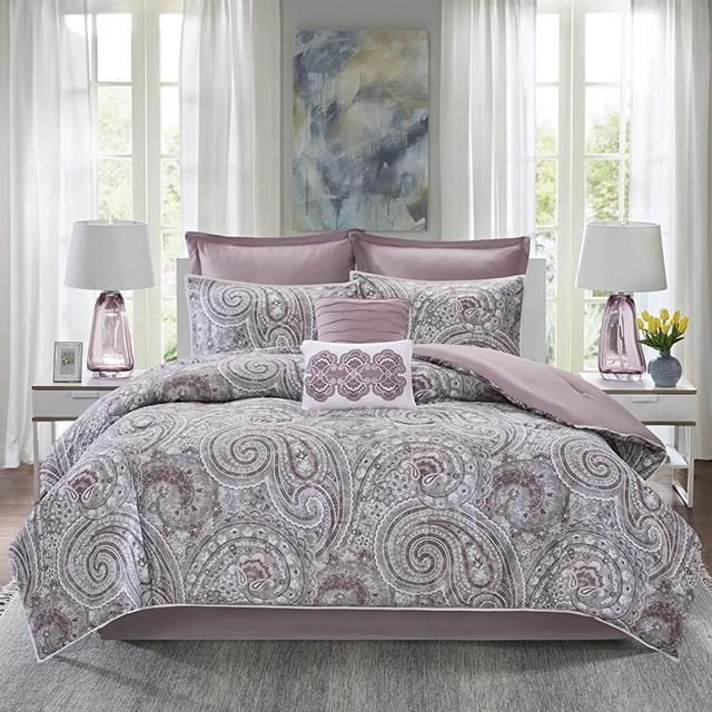 Comfort Spaces Cozy Comforter Set-Modern Classic Design All Season Down Alternative Bedding, Matching Shams, Bedskirt, Decorative Pillows, Queen (90 in x 90 in), Kashmir, Paisley Purple 8 Piece