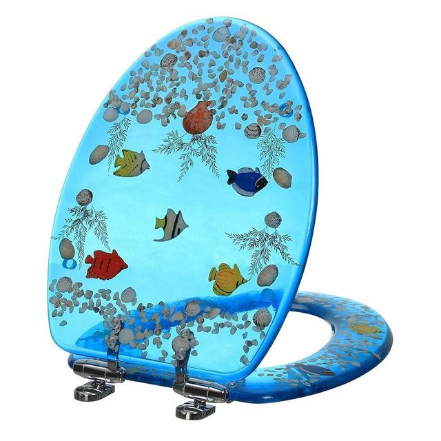 Resin Toilet Seat Elongated Soft Close Quick Release 3D Effects Heavy Duty Toilet Seats with Blue Fish Seashells Cover Acrylic Seats Ocean Series 19 Inch
