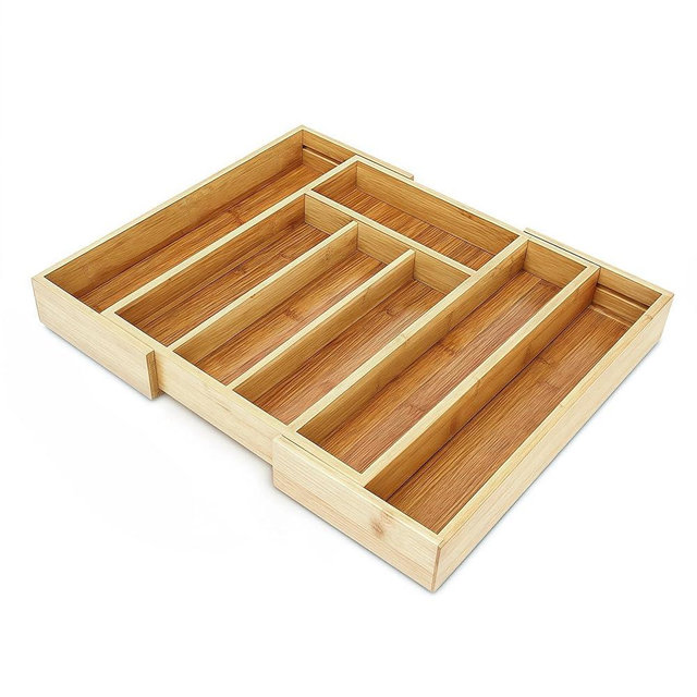 Klabelle Bamboo Drawer Organizer - Expandable Kitchen Utensil Holder, Adjustable Silverware Drawer Organization, Kitchen Wooden Tray for Cutlery, Flatware & Stationery, 5-7 Slots (Natural)