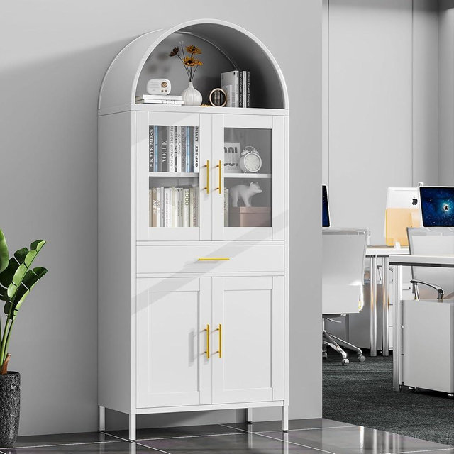 METALYEYE 73" H Metal Arched Cabinet with 2 Glass/Metal Door, Arched Bookcase with 1 Drawer &2 Shelves,Modern Farmhouse Versatile Bookshelf for Office, Home,Kitchen Assembly Required,White