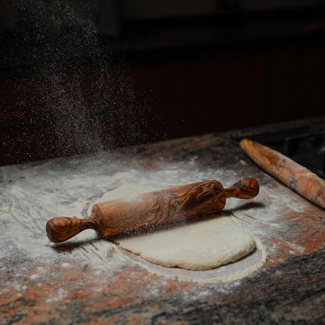 Handmade Olive Wood Rolling Pin - Wooden Pastry Roller with Ergonomic Handles - Smooth Baking Tool for Pies & Bread - Hardwood Dough Roller