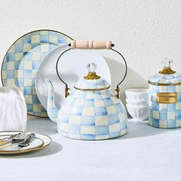 MACKENZIE CHILDS Enamel Tea Kettle, Decorative Tea Kettle for Stovetop, 3 Quarts, Light-Blue-and-White Sky Check