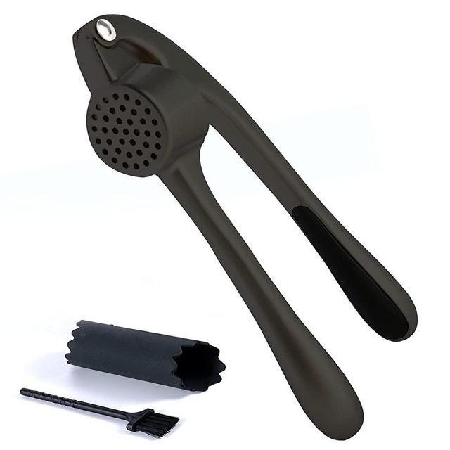 Premium Garlic Press, Garlic Mincer Set of 3 with Silicone Roller Peeler & Cleaning Brush - Black
