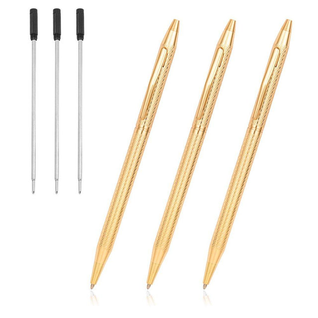 Ballpoint Pens, Cambond Gold Pen Stainless Steel Pens for Guest Book Uniform Gift - Black Ink (1.0mm Medium Point), 3 Pens with 3 Extra Refills (Gold) - CP0103