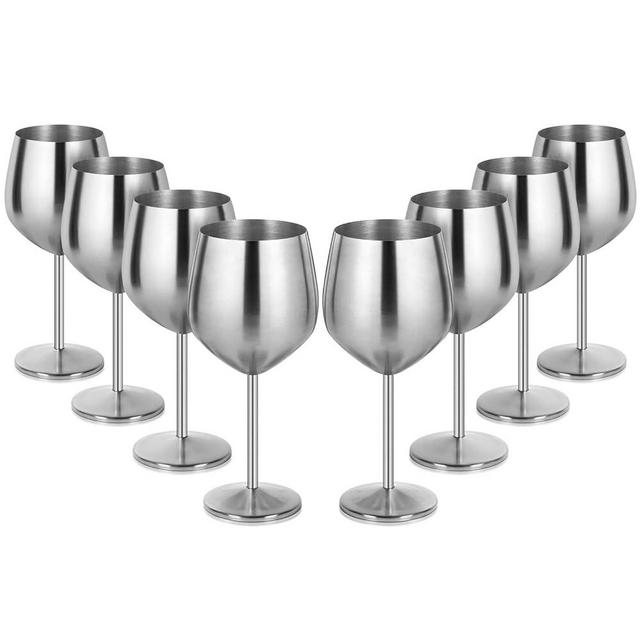 Lifecapido Stainless Steel Wine Glasses Set of 8, 18oz Stainless Steel Wine Goblets, Stemmed Metal Wine Glasses with Cup Brush for Party Office Wedding Anniversary, Great for Red White Wine (Sliver)