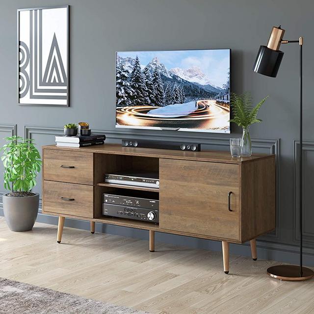 HOMECHO TV Stand for TVs up to 60", Mid-Century Modern Entertainment Center with Storage, TV Cabinet with Adjustable Shelves and Drawers, Media Console for Living Room, Rustic Brown