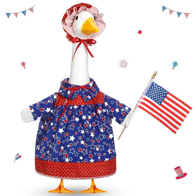 Yeyeplum 4th of July Goose Outfit Set for 23'' Plastic Lawn Porch Goose Statue Clothes Patriotic Skirt with Flag Independence Day Costume for 4th of July Outdoor Patio Yard Lawn(Red Cap)