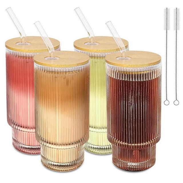 lilamacalla 16Oz glasses drinking set of 4,Ribbed Glass Cups With Lids And Straws,Glass Tumbler With Lid for Beer, Juice, Water, Iced coffee Cup,Whiskey