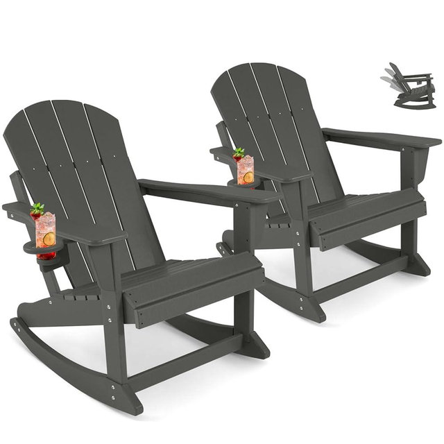ABCPATIO Outdoor Rocking Chair Set of 2, HDPE Poly All-Weather Patio Rocking Chairs with Cup Holder for Adults, Porch Rocker for Deck Patio Balcony, 440lbs, Dark Gray