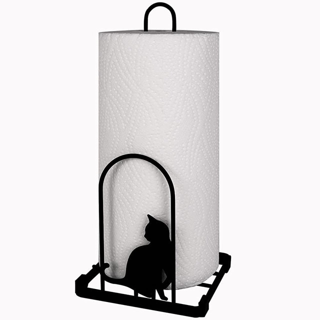 Megier Paper Towel Holder, Kitchen Countertop Paper Tower Stand, Fits Standard Jumbo Roll in Dining Table or Bathroom, Metal Paper Towel Dispenser with Heavy Duty Base and Patterned Black Cat (Black)