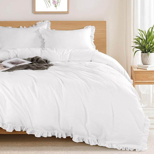 Shilucheng 100% Linen Ruffle King Duvet Cover Set, Luxury Pure Natural French Flax Linen Duvet Cover with Zipper Closure, Cooling Breathable Comforter Cover 3 Piece (White)