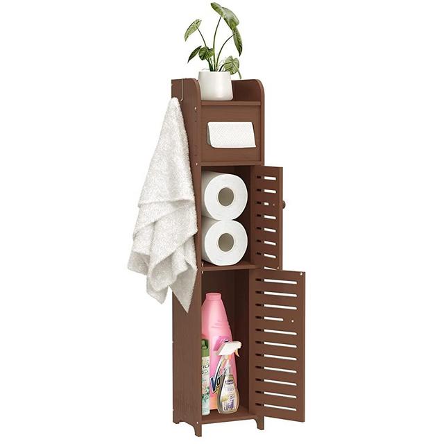 WODETREE Upgrade Small Bathroom Storage Cabinet with Doors and Shelves, W6.1 x D6.1 x H31.5 Bathroom Organizer, 4 Tier Design Toilet Paper Storage Stand for Small Space and Corner(Wood Brown)