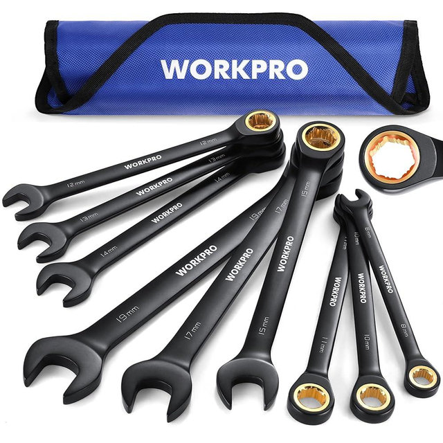 WORKPRO 9-Piece Anti-Slip Ratcheting Wrench Set, Metric 8-19 mm, 72-Tooth, Cr-V, Black Ratchet Combination Wrenches with Roll Up Pouch