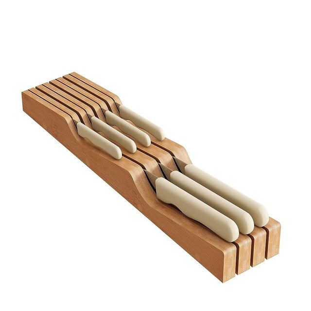 In-Drawer Knife Block Organizer - Bamboo Wood Drawer Knife Organizer-Protecting Knife Organizer Block Holds Up To 7 Knives（Not Included）