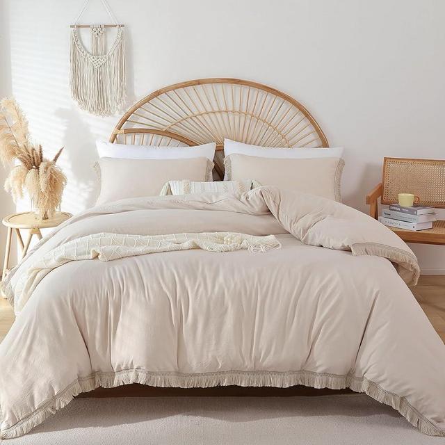 Smoofy Beige Queen Comforter Set, 3 Pcs Off WhiteBoho Fringe Tufted Soft Microfiber Bedding Sets, Aesthetic Luxurious Tassel Comforter Sets for All Season (1 Comforter + 2 Pillowcases)