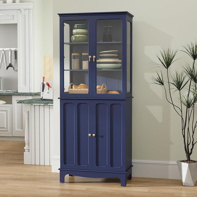 ARTPOWER 72" Freestanding Kitchen Pantry Storage Sideboard, Classical Tall Cabinet with Glass Door and Adjustable Shelves for Kitchen, Livingroom and Dining Room, Navy Blue