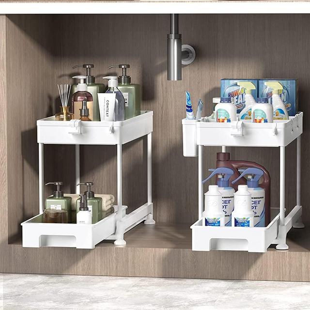 SPACEKEEPER Under Sink Organizer, Sliding Cabinet Basket Organizer 2 Tier Under Bathroom Storage Rack with Hooks, Hanging Cup, Dividers, Multi-purpose Storage Shelf for Bathroom Kitchen, White, 2 Pack