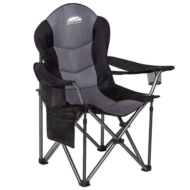Coastrail Outdoor Camping Chair with Lumbar Back Support, Oversized Padded Lawn Chairs Folding Quad Arm Chair with Cooler Bag, Cup Holder, Black, xx-Large