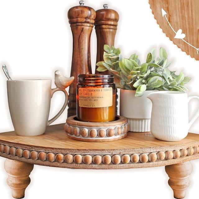 Farmhouse Corner Shelf Stand [with Removable Feet] - Bathroom Countertop Organizer, Decorative Tray Riser, Beaded Wooden Tray, Corner Tray Plant Stand, Coffee Bar Organizer for Kitchen Countertop