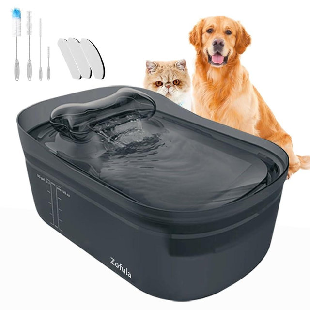 2.3gal/300oz/9L Ultra Quiet Dog Water Fountain, Large Automatic Water Dispenser Bowl for Cats and Dogs, No Spilling with Cleaning Kit and 3 Filters (Gray)