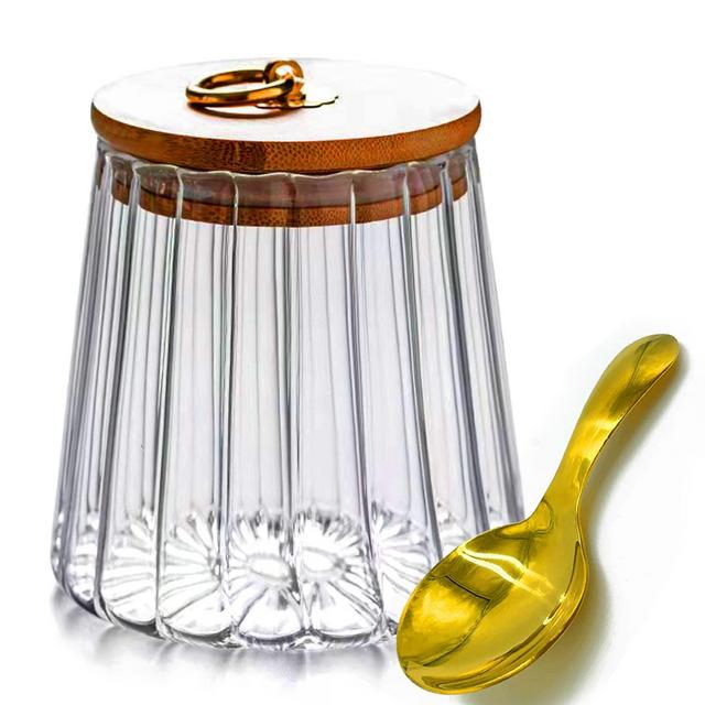 Glass Storage Jar Airtight Storage Canisters Coffee Nut Storage Container Metal Handle Petal Decoration 650 ml with 304 Stainless Steel Spoon (Taper)